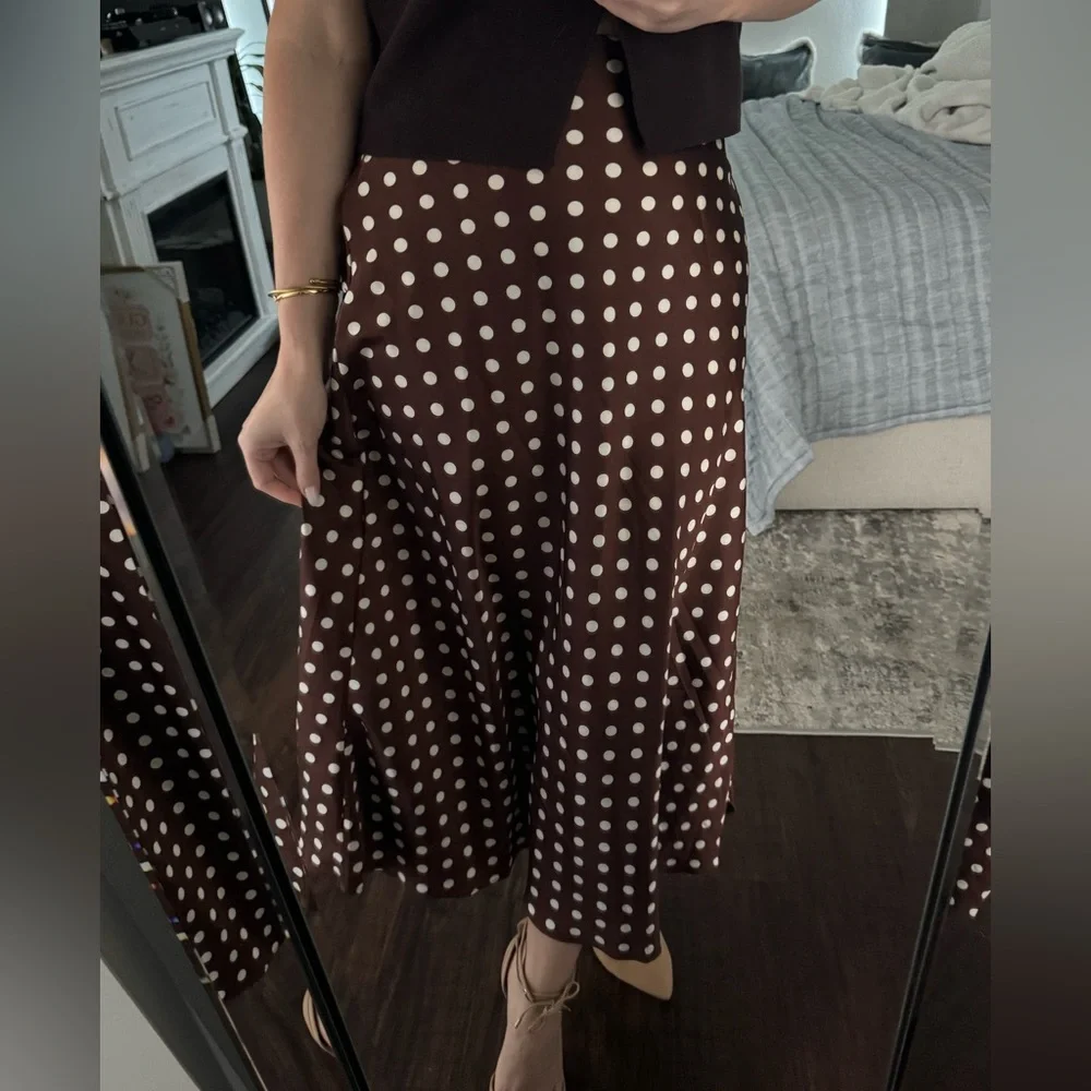 Fall Old Money Style Women's Chocolate Brown / White Polka Dot Satin Long Skirt - Picture 6 of 11